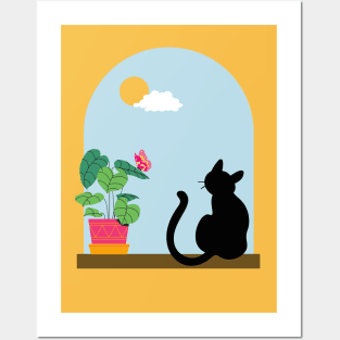 Minimalistic Illustration of Cat Sitting Boho Aesthetic Posters and Art